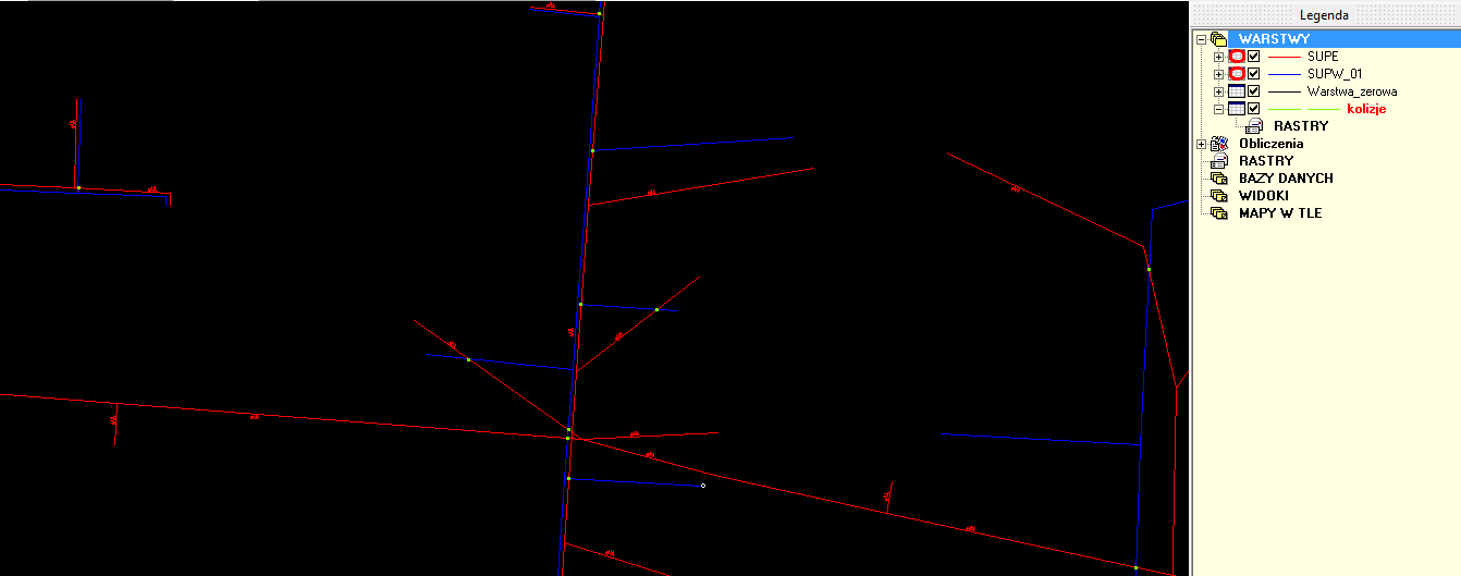 widok mapy po przecięciu warstwy sieci elektroenergetycznej z warstwą sieci wodociągowej - punkty kolizji zaznaczone jaskrawozielonym kolorem